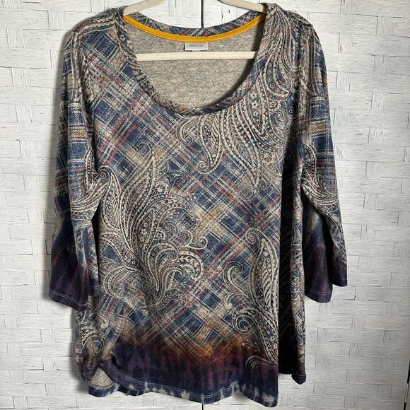 Avenue 3/4 length sleeve sweater fall plaid paisley bohemian triadMom plus sz ￼ - Picture 1 of 8